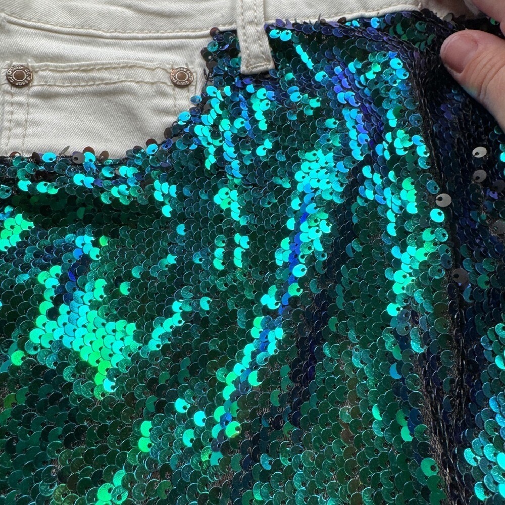 NEW QUUM Shop Women's 2XL White Stretch Sequin Jeans Destressed Blue Green - Picture 4 of 7